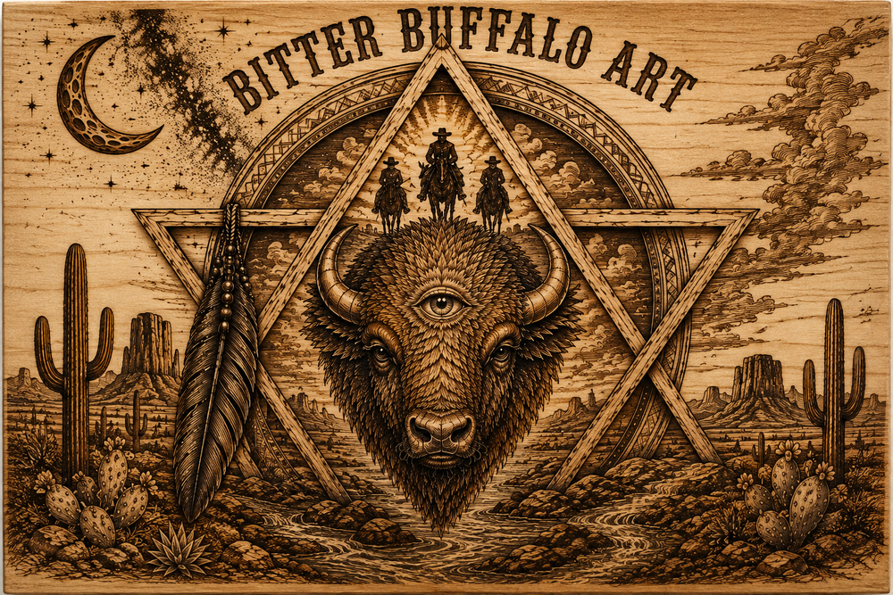 Laser-engraved and layered wood artwork